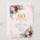 Burgundy Deep Red Floral Gold 80th Birthday 招待状 (正面)