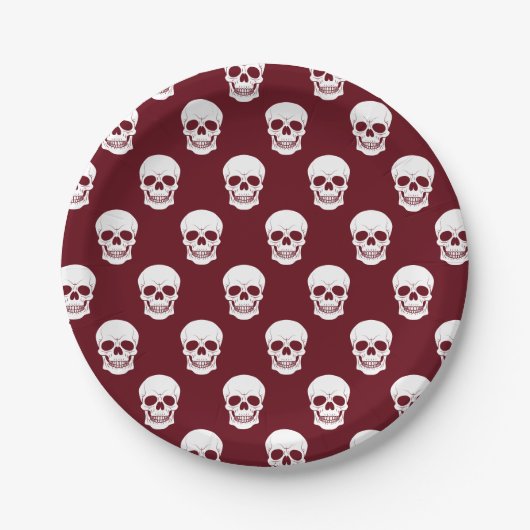 Burgundy Deep Red Skull Pattern Spooky Halloween ペーパープレート (正面)
