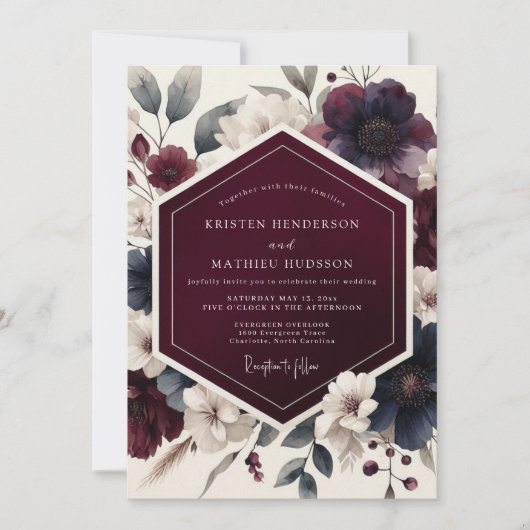 Burgundy Dramatic Autumnal Wedding 招待状 (正面)