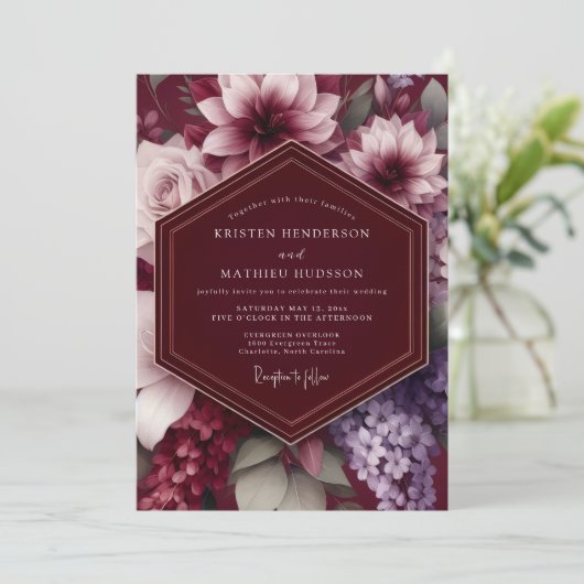 Burgundy Dramatic Botanical Wedding 招待状 (スタンド正面)