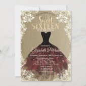 Burgundy Dress,Crown,Lace Kraft Sweet 16 Party 招待状 (正面)