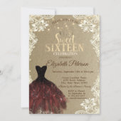Burgundy Dress,Lights,Lace Kraft Sweet 16 Party 招待状 (正面)
