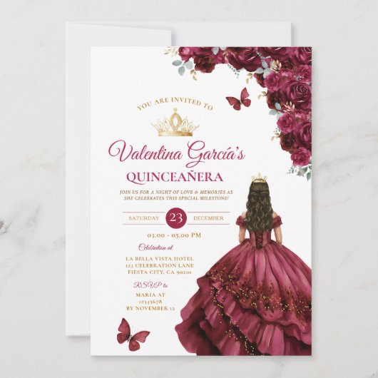 Burgundy Dress Quinceañera 15 Anos Flowers Gold 招待状 (正面)