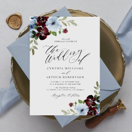 burgundy dusty blue floral script wedding 招待状