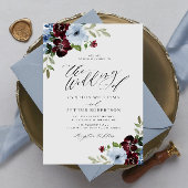 burgundy dusty blue floral script wedding 招待状