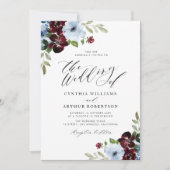 burgundy dusty blue floral script wedding 招待状 (正面)