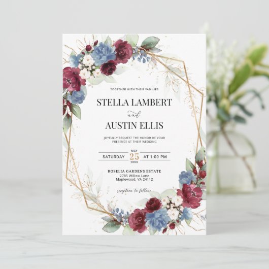 Burgundy Dusty Blue Geometric Digital Invitation 招待状 (スタンド正面)