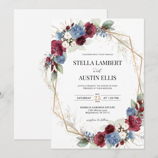 Burgundy Dusty Blue Geometric Digital Invitation 招待状 (正面/裏面)