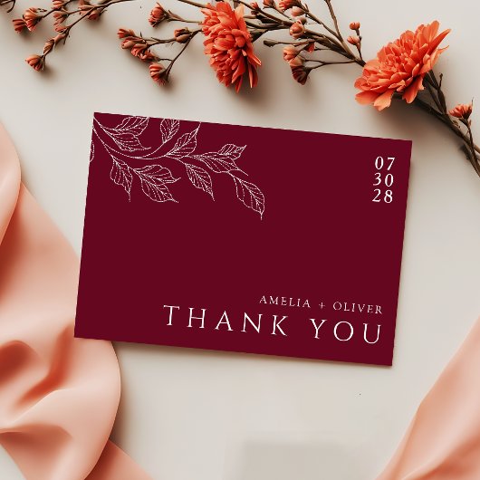 Burgundy Elegant Botanical Garden Wedding サンキューカード