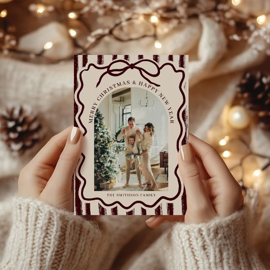 Burgundy Elegant Bow Photo Christmas シーズンカード