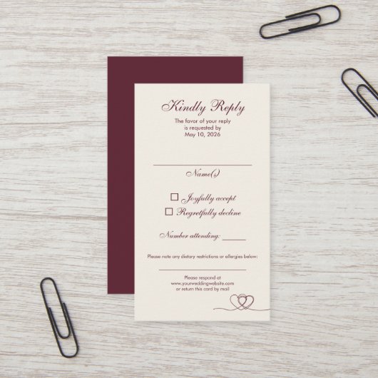 Burgundy Elegant Calligraphy Wedding RSVP Card 名刺 (正面/裏面インサイチュ)