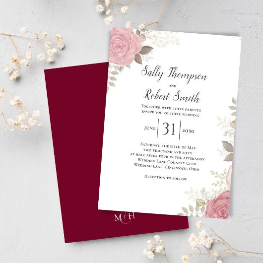 Burgundy Elegant Floral Custom Wedding 招待状