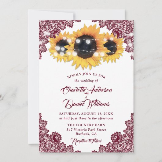 Burgundy Elegant Floral Lace Sunflower Wedding 招待状 (正面)