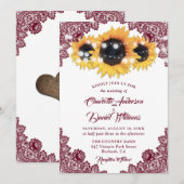 Burgundy Elegant Floral Lace Sunflower Wedding 招待状 (正面/裏面)