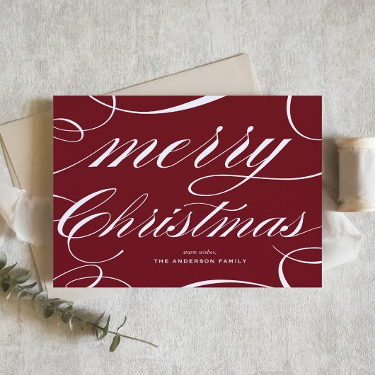 Burgundy Elegant Flourish Script Merry Christmas シーズンカード