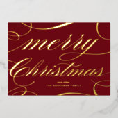 Burgundy Elegant Flourish Script Merry Christmas 箔シーズンカード (正面)