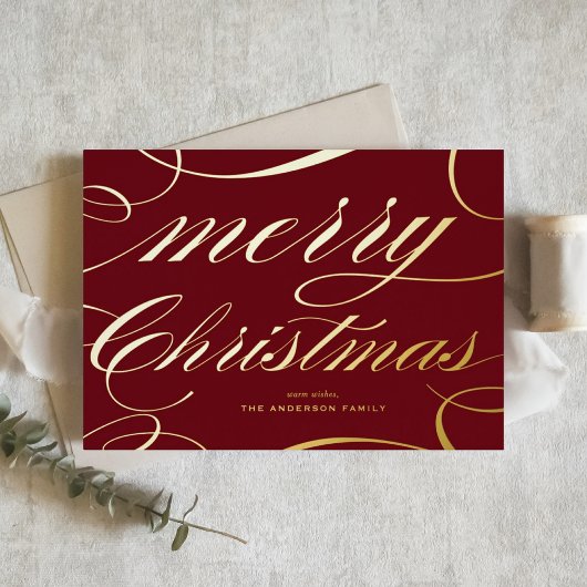 Burgundy Elegant Flourish Script Merry Christmas 箔シーズンカード
