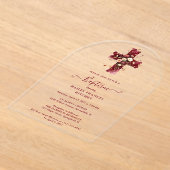 Burgundy Elegant Glitter Floral Cross Baptism アクリル招待状 (レイダウン)
