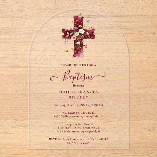 Burgundy Elegant Glitter Floral Cross Baptism アクリル招待状 (正面)
