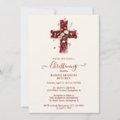 Burgundy Elegant Glitter Floral Cross Baptism 招待状 (正面)