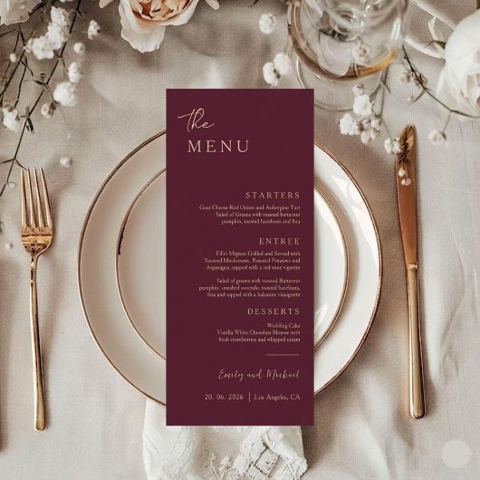 Burgundy Elegant Minimal Wedding Menu Card メニュー