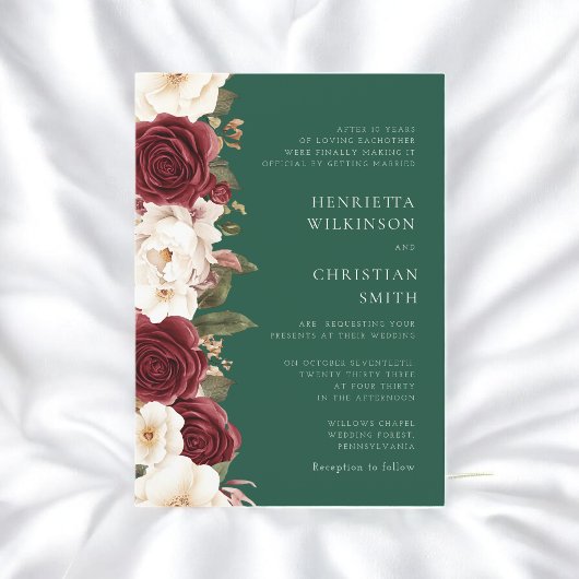 Burgundy emerald green Floral Wedding Invitation 招待状