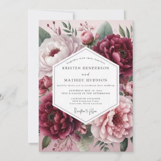 Burgundy Ethereal Blossom Wedding 招待状 (正面)