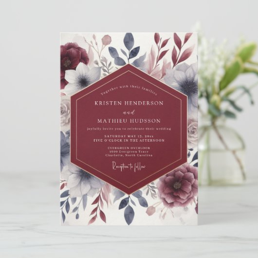 Burgundy Ethereal Flourish Wedding 招待状 (スタンド正面)