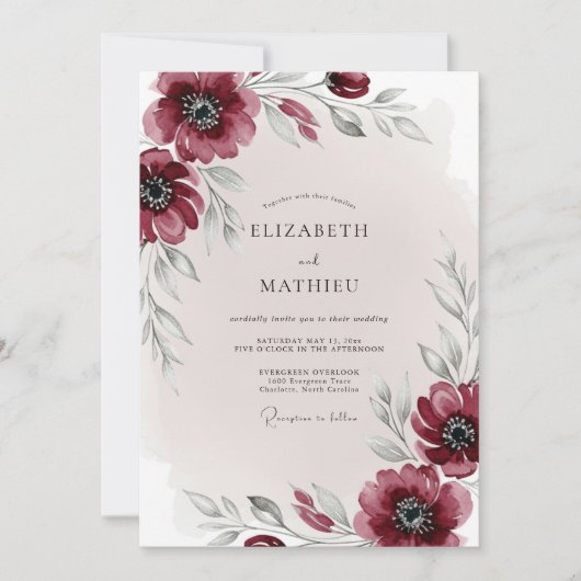 Burgundy Ethereal Winter Wedding 招待状 (正面)