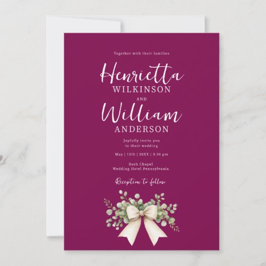 Burgundy Eucalyptus Bow all in one Wedding  招待状 (正面)