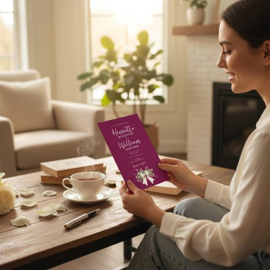 Burgundy Eucalyptus Bow all in one Wedding  招待状