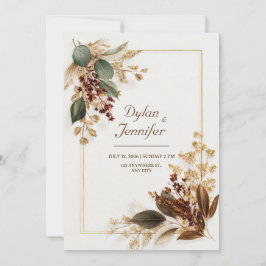 Burgundy Eucalyptus Gold Dried Floral Wedding 招待状