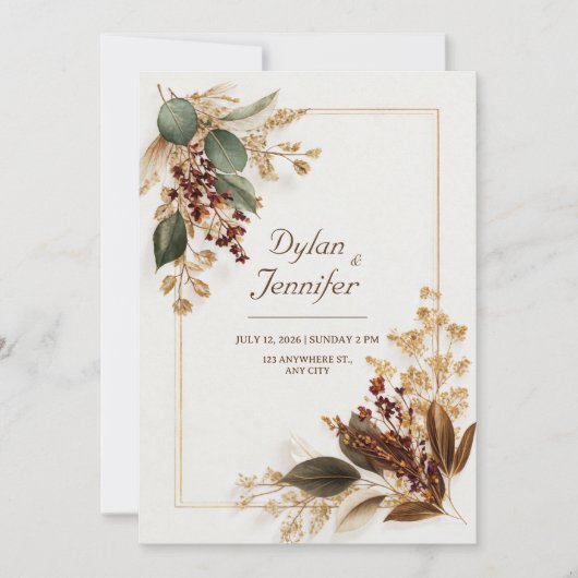 Burgundy Eucalyptus Gold Dried Floral Wedding 招待状 (正面)