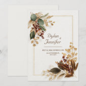 Burgundy Eucalyptus Gold Dried Floral Wedding 招待状 (正面/裏面)
