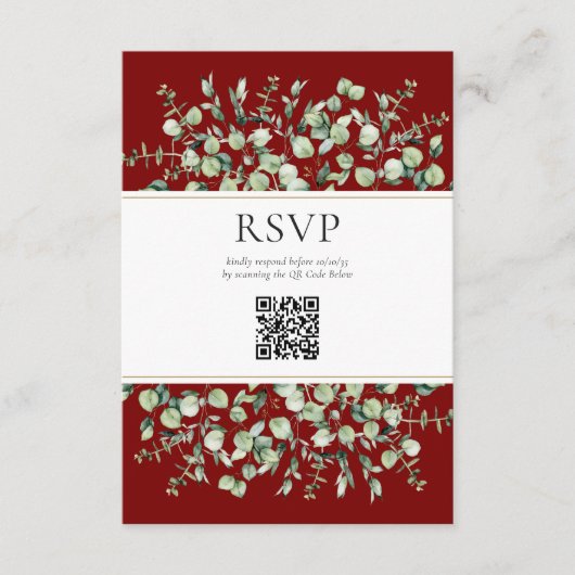 Burgundy Eucalyptus QR Code Wedding RSVP  エンクロージャーカード (正面)