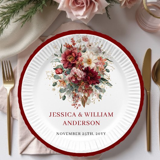 Burgundy Fall Marsala Wedding Paper Plates Design ペーパープレート