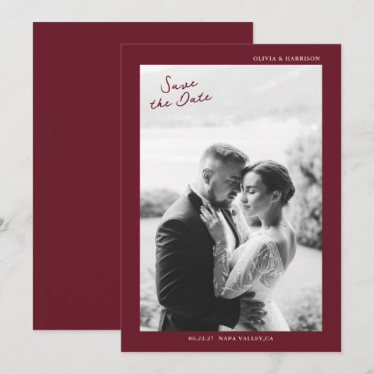 Burgundy Fall Wedding Save the Date 招待状 (正面/裏面)