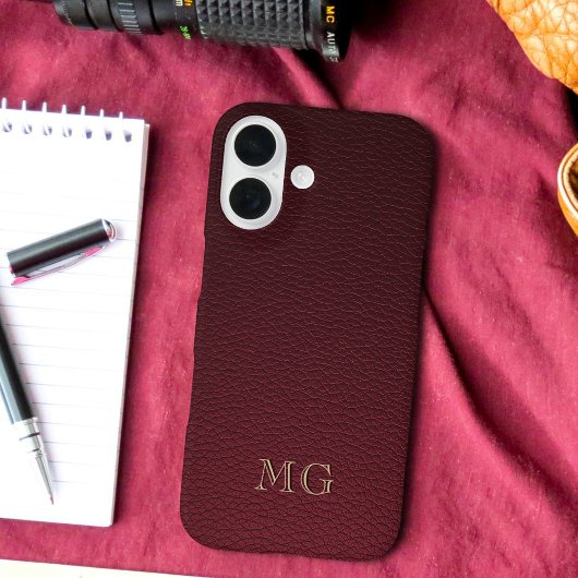 Burgundy Faux Leather and Gold Monogram Initials Case-Mate iPhoneケース