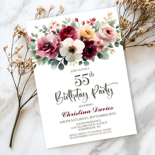 Burgundy Floral 55th Birthday Party 招待状