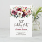 Burgundy Floral 80th Birthday Party 招待状 (スタンド正面)