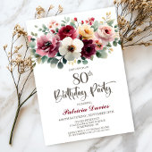 Burgundy Floral 80th Birthday Party 招待状