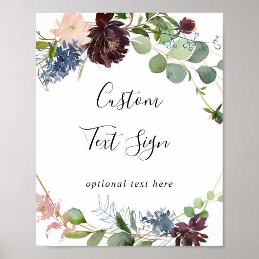 Burgundy Floral and Greenery Custom Text Sign ポスター (正面)