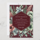 Burgundy Floral Assemblage Wedding 招待状 (正面)