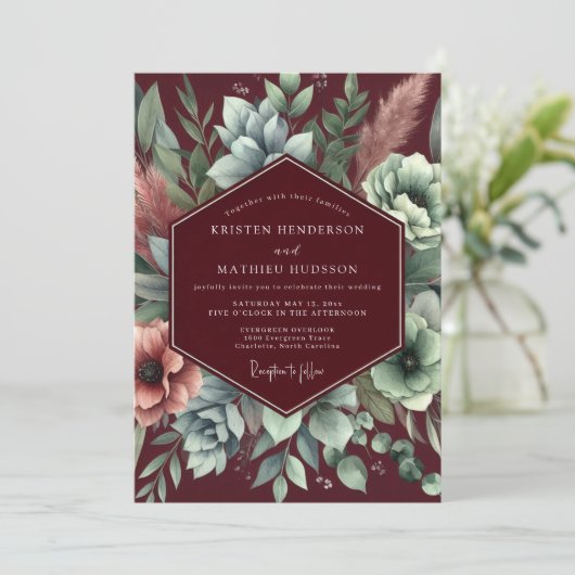 Burgundy Floral Assemblage Wedding 招待状 (スタンド正面)