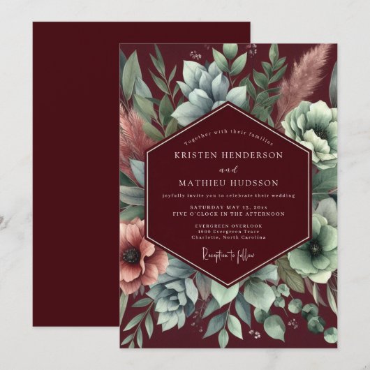 Burgundy Floral Assemblage Wedding 招待状 (正面/裏面)