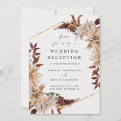 Burgundy Floral Autumn Fall Wedding Reception Gold 招待状 (正面)