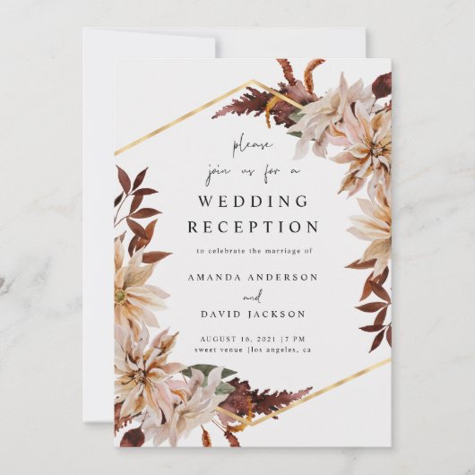 Burgundy Floral Autumn Fall Wedding Reception Gold 招待状 (正面)