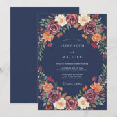 Burgundy Floral Autumn Flourish Wedding 招待状 (正面/裏面)