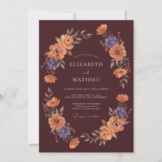 Burgundy Floral Autumnous Flourish Wedding 招待状 (正面)