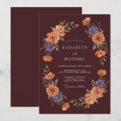 Burgundy Floral Autumnous Flourish Wedding 招待状 (正面/裏面)